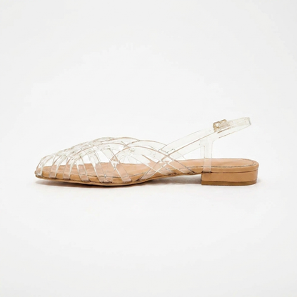 Sandalias de Gel Cómodas para Mujeres con Correa de Jaula Tejida y Punta Cerrada Estilo Plano