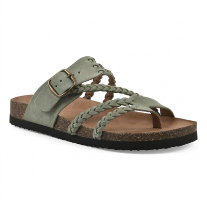 Sandalias Cómodas para Mujeres con Correa de Hebilla y Dedo Trenzado, Plantilla de Corcho, Estilo Deslizante