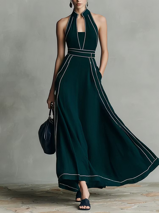 Elegante Vestido Maxi Verde Oscuro para Mujeres con Cuello Halter Sin Mangas y Detalles de Contraste