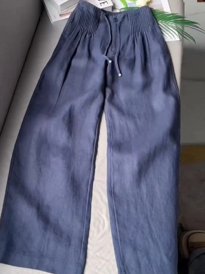 Pantalones de Lino Anchos para Mujeres con Cintura Alta, Cinturilla Ajustable y Estilo Casual Relajado
