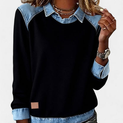 Sudadera de mezclilla color bloque sin esfuerzo para mujeres con cuello y mangas raglán largas de contraste estilo casual