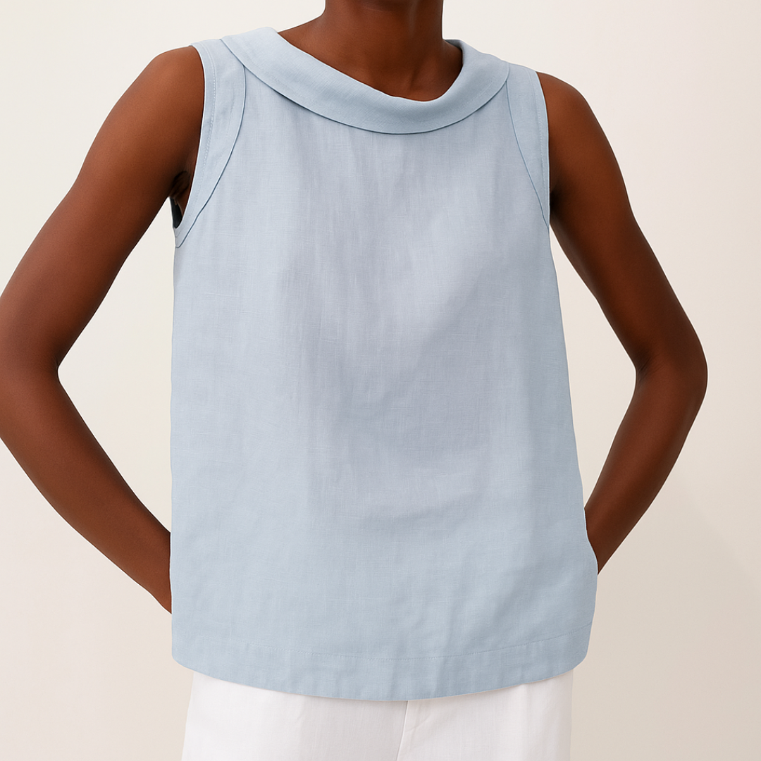 Blusa de Lino Sin Esfuerzo para Mujeres con Cuello Drapado, Sin Mangas y Dobladillo Curvo, Estilo Casual