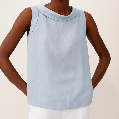 Blusa de Lino Sin Esfuerzo para Mujeres con Cuello Drapado, Sin Mangas y Dobladillo Curvo, Estilo Casual