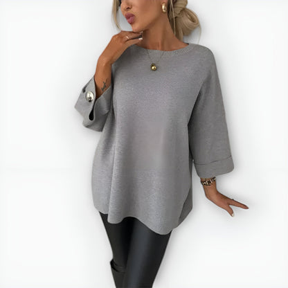 Suéter de Punto Cómodo para Mujeres con Cuello Redondo, Manga de Codo, Puño con Botón, Estilo Oversized