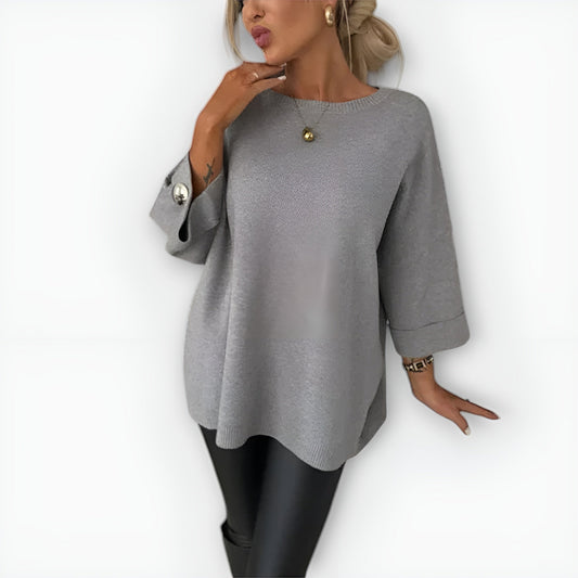 Suéter de Punto Cómodo para Mujeres con Cuello Redondo, Manga de Codo, Puño con Botón, Estilo Oversized