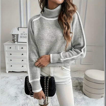 Suéter de Cuello Alto Gris Cómodo para Mujeres con Manga Larga y Detalles en Contraste Estilo Relajado y Oversized
