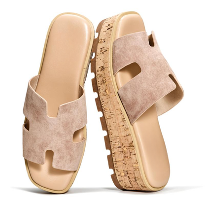 Sandalias de Playa Cómodas para Mujeres con Tira Ancha Cortada y Plataforma de Corcho Abierta