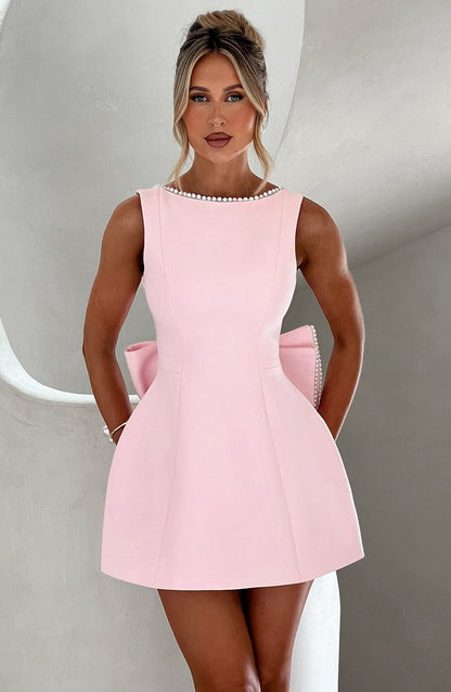Vestido Mini Elegante con Ribete de Perlas y Lazo para Mujeres con Cuello Barco Sin Mangas Estilo Cóctel