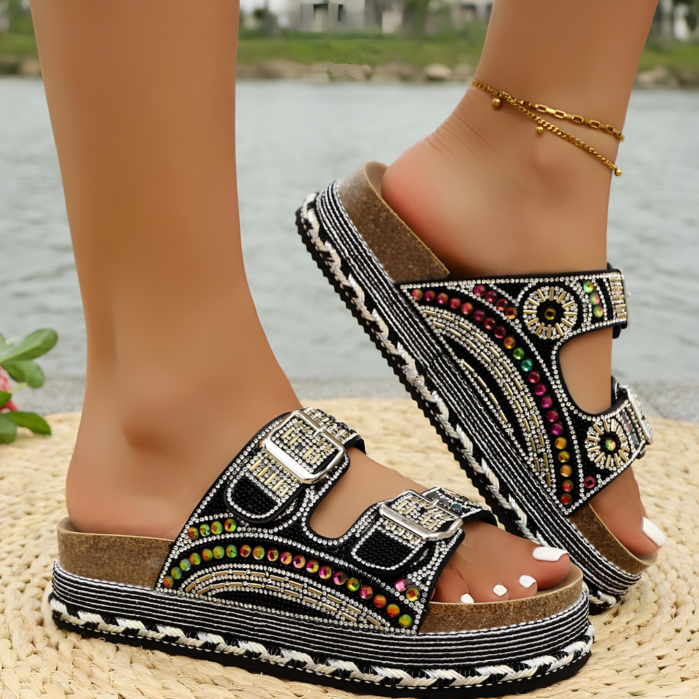 Sandalias de Deslizamiento Cómodas para Mujeres con Estilo de Plataforma Abierta y Correa Doble con Hebilla Impresa