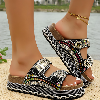 Sandalias de Deslizamiento Cómodas para Mujeres con Estilo de Plataforma Abierta y Correa Doble con Hebilla Impresa