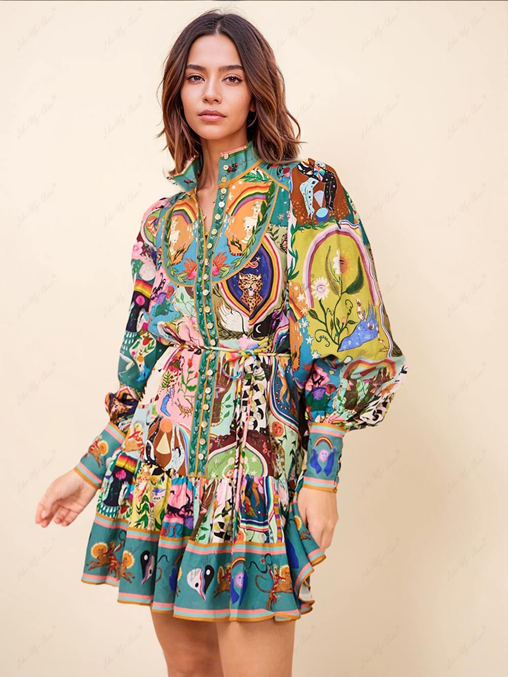 Vestido Mini Impreso Multicolor para Mujeres con Cuello Alto, Mangas Globo y Cinturón de Estilo Bohemio