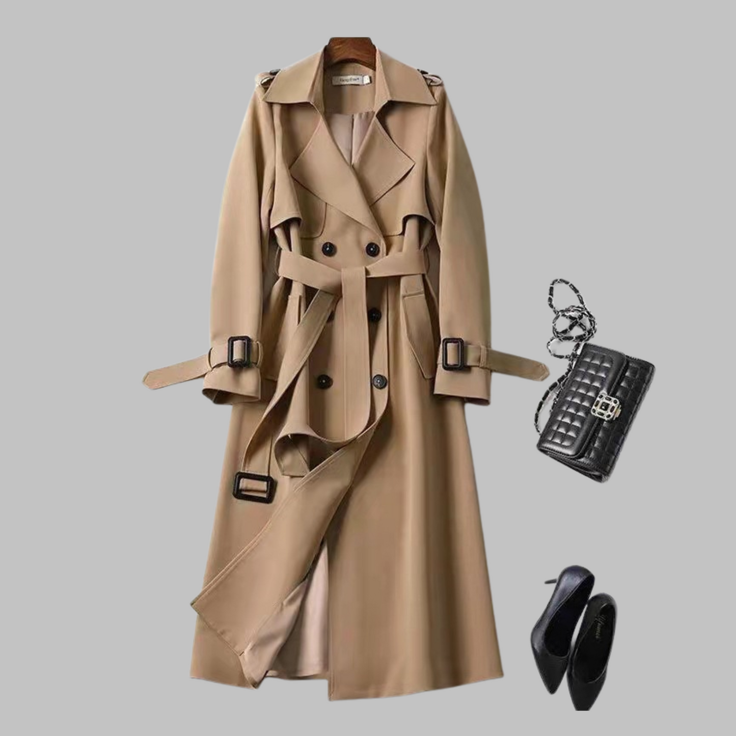 Abrigo Trench Elegante para Mujeres con Solapa Cortada, Manga Larga, Doble Botonadura y Cinturón, Estilo Fluido