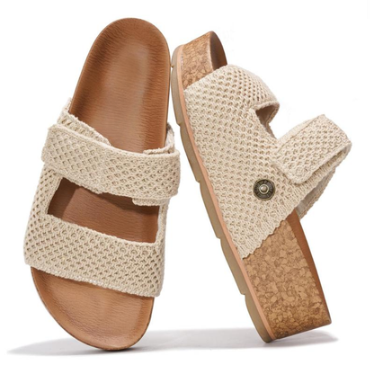 Sandalias Deslizantes Cómodas para Mujeres con Plataforma de Corcho de Doble Correa Tejida y Punta Abierta