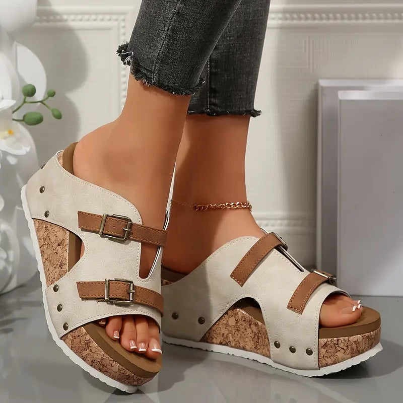 Sandalias de plataforma beige cómodas para mujeres con doble correa y hebilla, suela de corcho y estilo de punta abierta