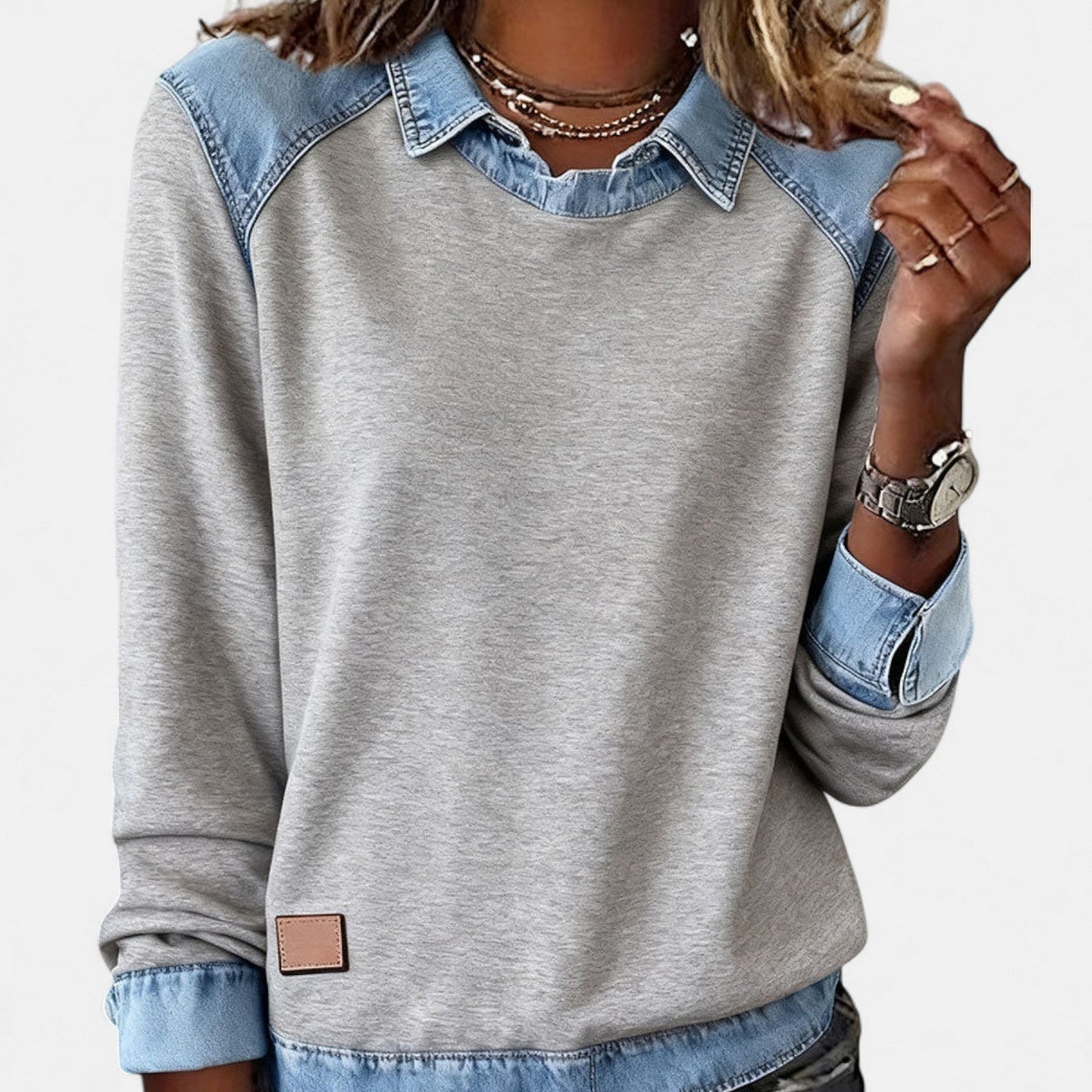 Sudadera de mezclilla color bloque sin esfuerzo para mujeres con cuello y mangas raglán largas de contraste estilo casual