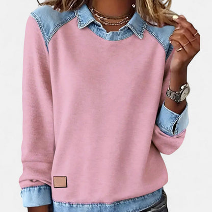 Sudadera de Denim Cómoda con Cuello en Capas para Mujeres, Manga Larga, Estilo Casual a Rayas