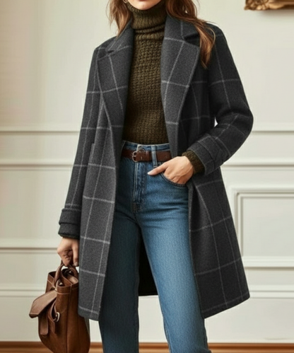 Abrigo de lana elegante con cuadros ventana para mujeres, con solapa muesca, manga larga, frente abotonado y estilo largo