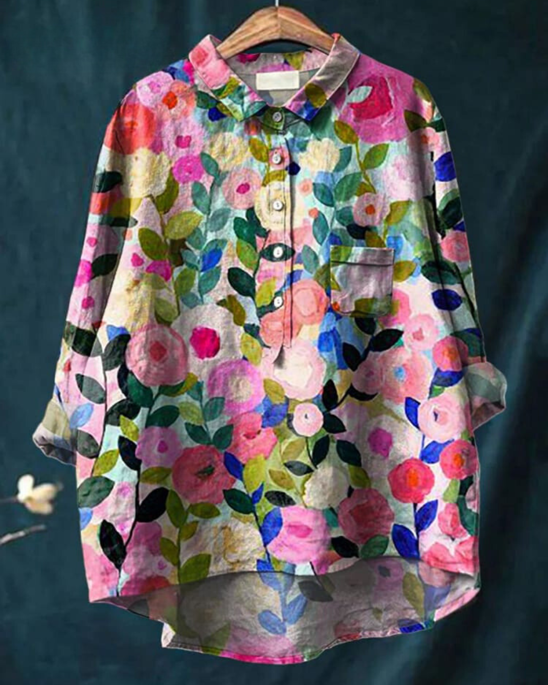 Blusa de Lino Floral Sin Esfuerzo para Mujeres con Cuello, Manga Larga, Botones en la Parte Frontal y Estilo de Dobladillo Alto-Bajo