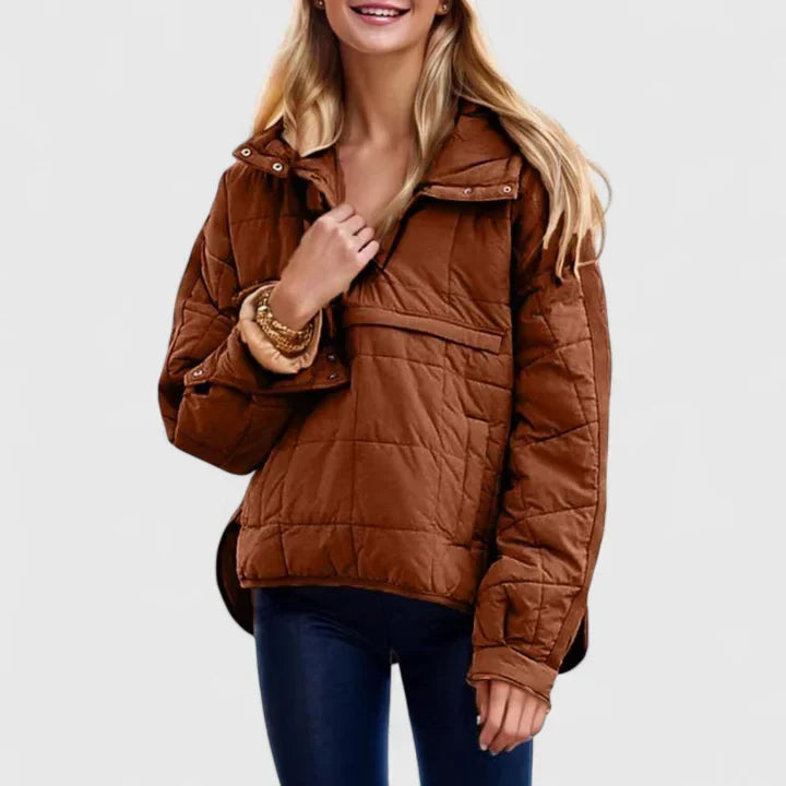 Chaqueta acolchada cómoda para mujeres con capucha, cierre de botones en la parte delantera, manga larga y dobladillo asimétrico de estilo casual