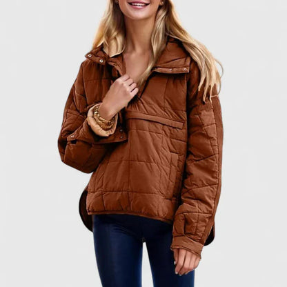 Chaqueta acolchada cómoda para mujeres con capucha, cierre de botones en la parte delantera, manga larga y dobladillo asimétrico de estilo casual