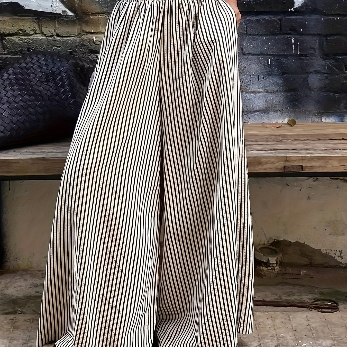 Pantalones Anchos de Rayas Melocotón para Mujeres con Cintura Alta y Cinturilla Elástica, Estilo Fluido y Relajado