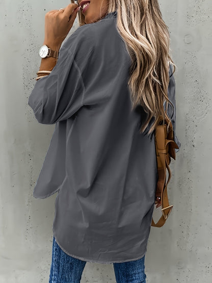 Blusa de Bolsillo Utilitaria sin Esfuerzo para Mujeres con Cuello y Manga Larga de Corte Curvado Relajado