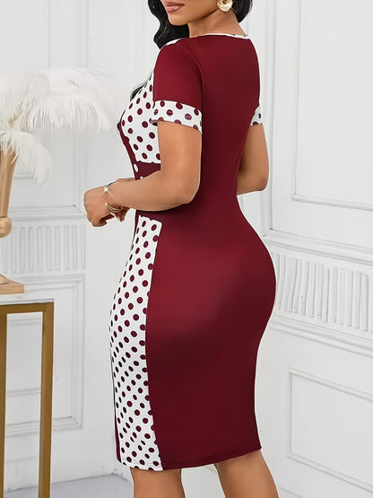Vestido Midi Elegante de Lunares para Mujeres con Cuello Redondo, Manga Corta, Detalle de Botones, Estilo Cóctel