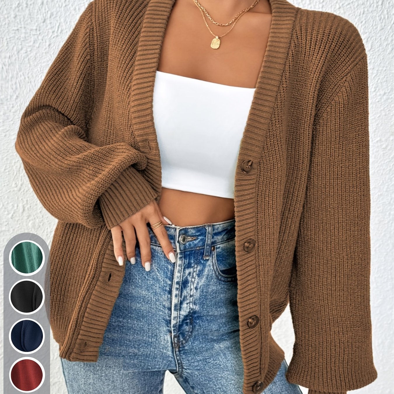 Cárdigan de Punto Acanalado Cómodo para Mujeres con Cuello en V, Mangas Globo, Botones en la Parte Frontal y Estilo Oversized