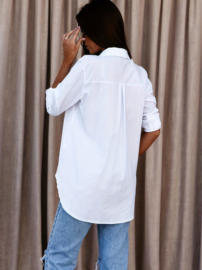 Blusa Blanca de Algodón para Mujeres Sin Esfuerzo con Cuello, Manga de Codo, Estilo Relajado y Oversized