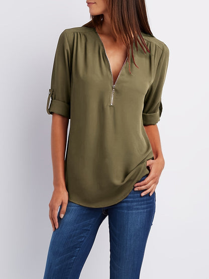 Blusa Frontal con Cremallera Sin Esfuerzo para Mujeres con Cuello en V y Manga con Tabulador, Estilo Túnica Relajada