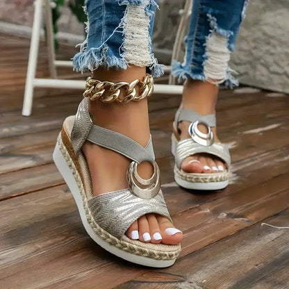 Sandalias de Cuña de Espadrille Cómodas para Mujeres con Correa de Hebilla y Punta Abierta
