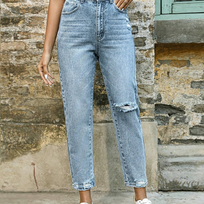 Jeans Mom Relajados Azules Sin Esfuerzo para Mujeres con Cintura Alta y Pierna Tapered Desgastada