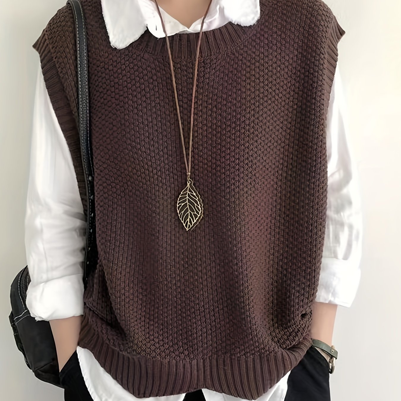 Chaleco de Suéter de Punto Grueso Cómodo para Mujeres con Cuello Redondo Sin Mangas Estilo Relajado y Oversized