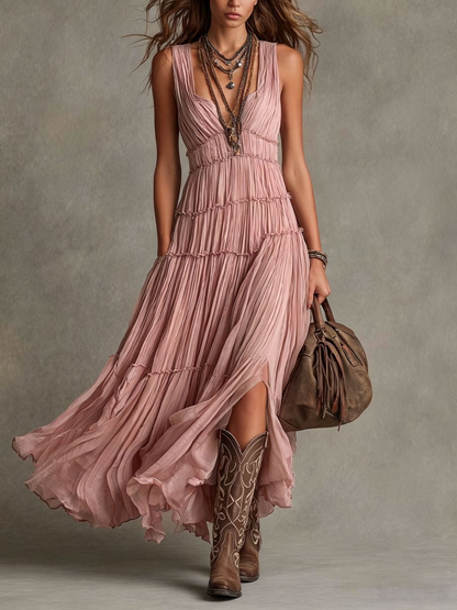 Vestido Maxi Escalonado Sin Esfuerzo para Mujeres con Escote en V, Sin Mangas, Plisado y Estilo Bohemio