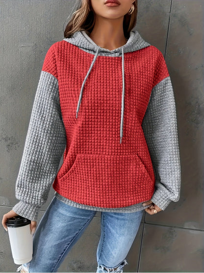 Sudadera de punto waffle color bloque cómoda para mujeres con capucha ajustable, manga larga y bolsillo canguro, estilo oversized