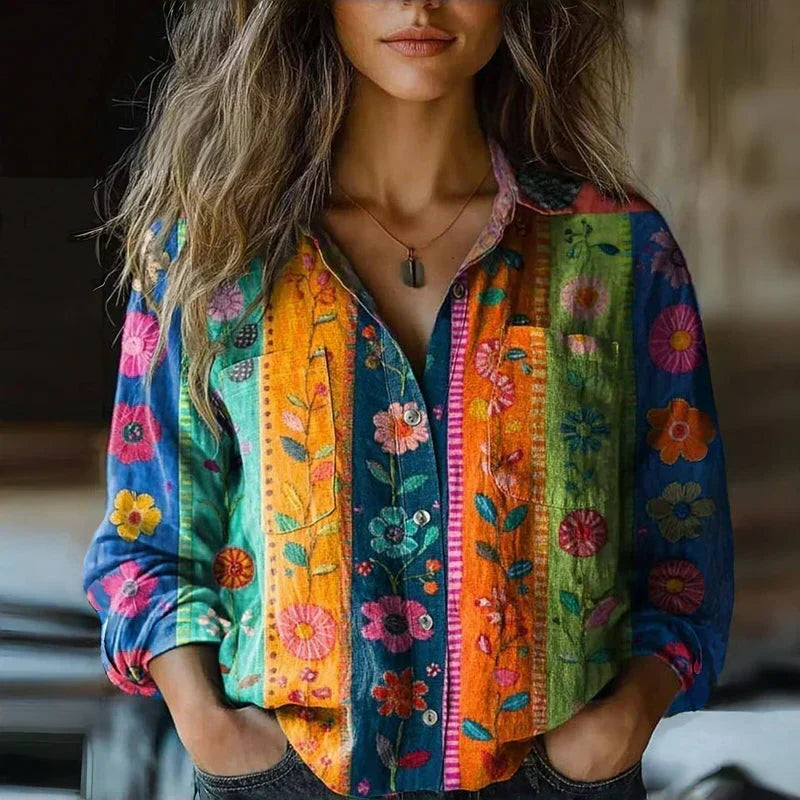 Blusa Impresa Sin Esfuerzo para Mujeres con Cuello, Manga Larga, Botones, Frente, Bolsillo, Estilo Boho