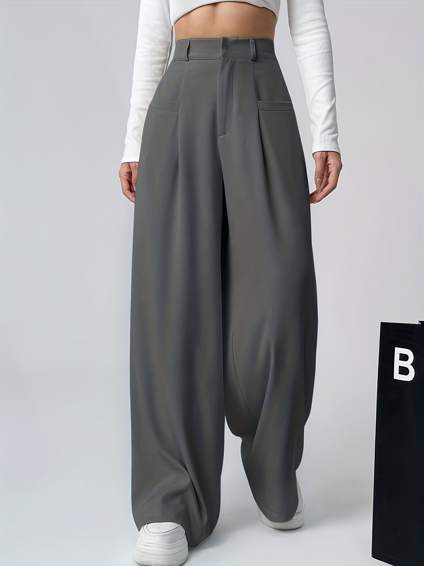 Pantalones Anchos Elegantes de Caqui para Mujeres con Cintura Alta y Pliegues, Estilo Relajado