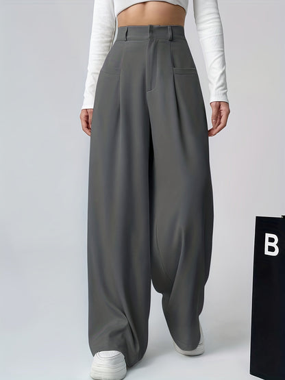 Pantalones Anchos Elegantes de Caqui para Mujeres con Cintura Alta y Pliegues, Estilo Relajado