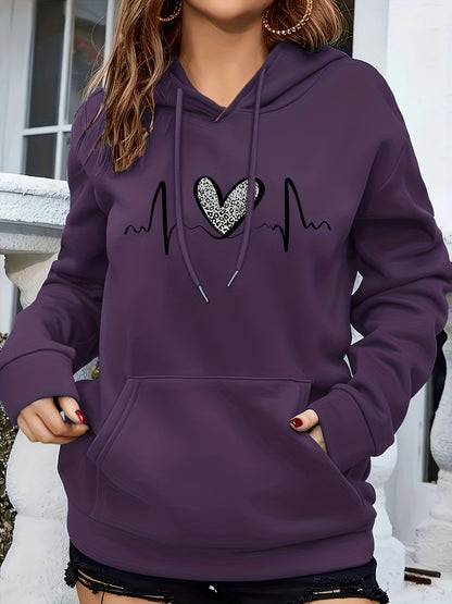 Sudadera con estampado de latido del corazón cómoda para mujeres con capucha ajustable, manga larga, bolsillo canguro, estilo oversize