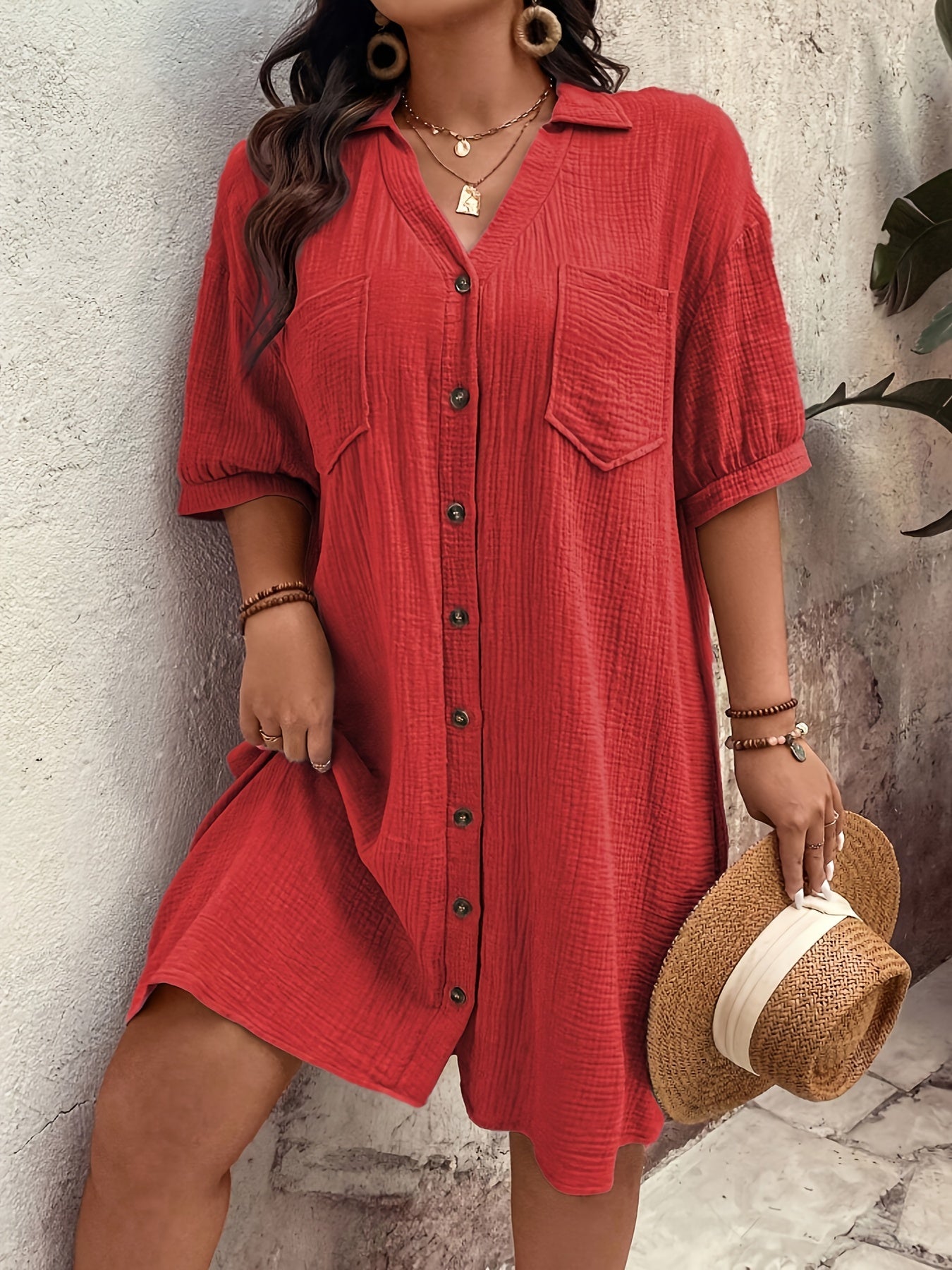 Vestido Camisero de Algodón Texturizado Sin Esfuerzo para Mujeres con Cuello en V, Manga Corta y Botones, Estilo Casual Relajado