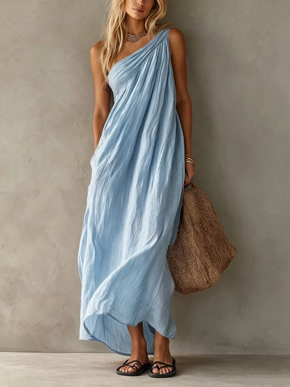 Vestido Maxi de Lino Sin Esfuerzo para Mujeres con Un Hombro Drapado y Estilo Bohemio Fluyente