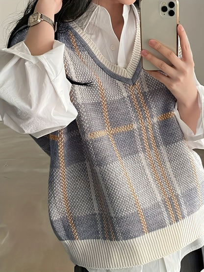 Chaleco de Suéter a Cuadros Cómodo para Mujeres con Cuello en V Sin Mangas y Ribete Acanalado Estilo Oversized