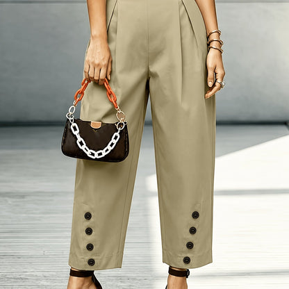 Pantalones Anchos de Caqui para Mujeres con Cintura Alta y Detalles de Botones Plisados