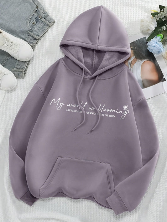 Sudadera gráfica cómoda morada para mujeres con capucha con cordón, de manga larga y estilo oversized relajado