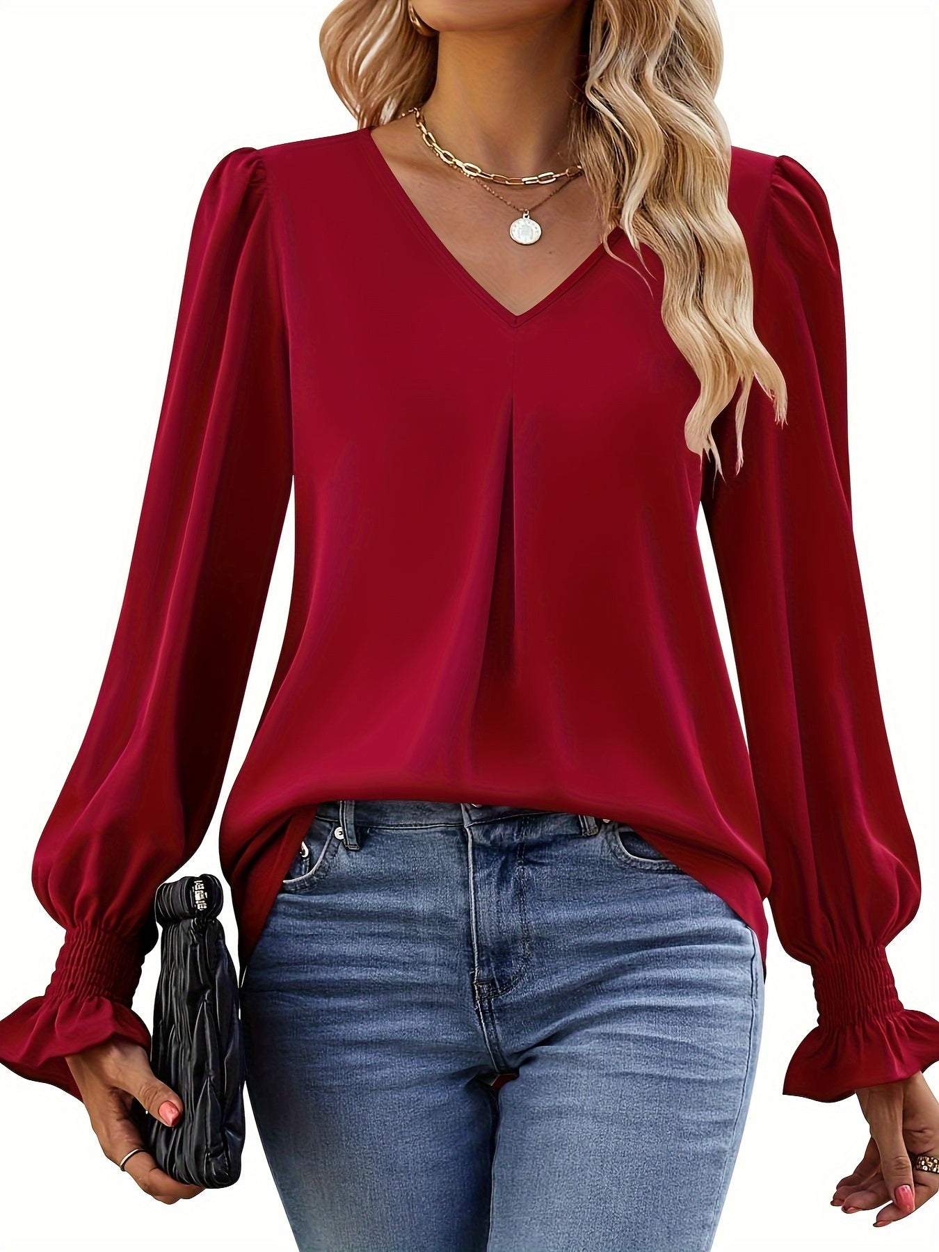 Blusa Sin Esfuerzo para Mujeres con Cuello en V, Manga Globo y Puños Fruncidos, Estilo Relajado