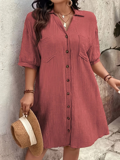 Vestido Camisero de Algodón Texturizado Sin Esfuerzo para Mujeres con Cuello en V, Manga Corta y Botones, Estilo Casual Relajado