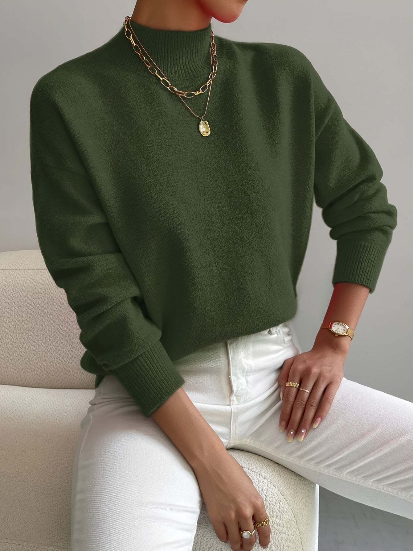 Suéter de punto cómodo para mujeres con cuello alto, mangas largas y estilo relajado y oversized