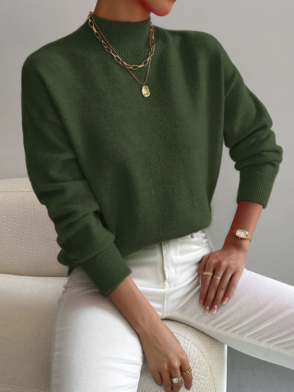 Suéter de punto cómodo para mujeres con cuello alto, mangas largas y estilo relajado y oversized