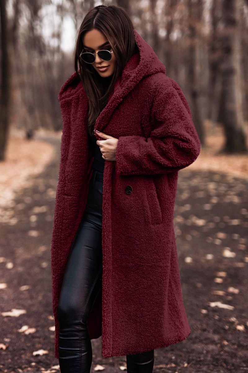 Abrigo de Piel de Oveja Sin Esfuerzo para Mujeres con Cuello con Capucha, Manga Larga, Estilo Oversized y Largo