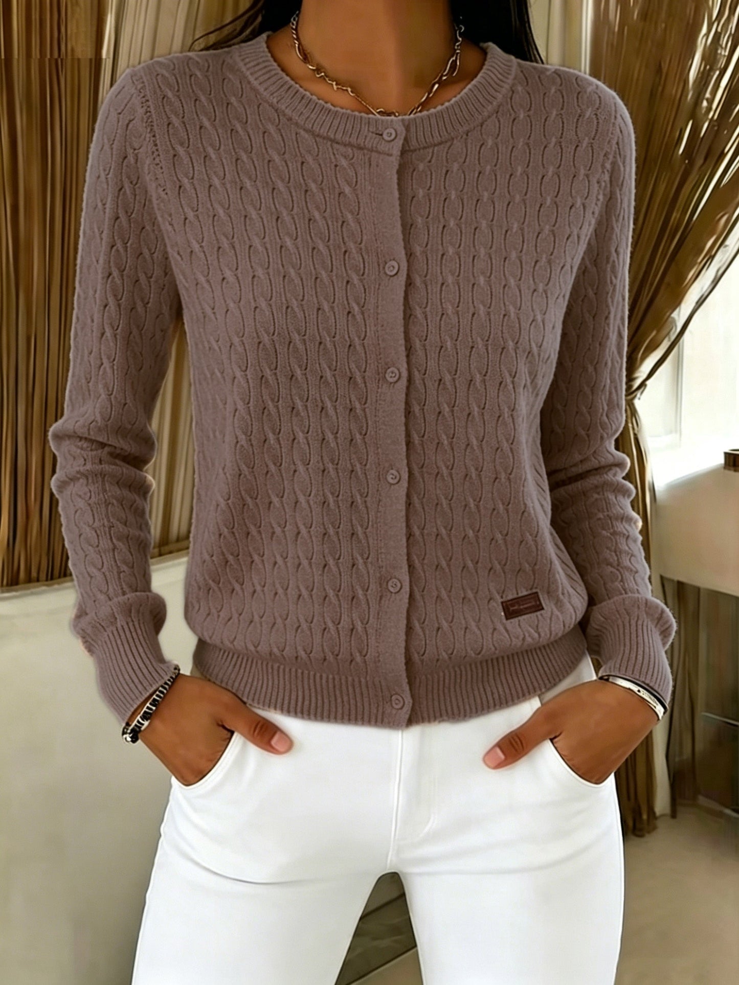 Suéter de Cárdigan de Punto Trenzado Cómodo para Mujeres con Cuello Redondo, Manga Larga y Estilo Casual Relajado
